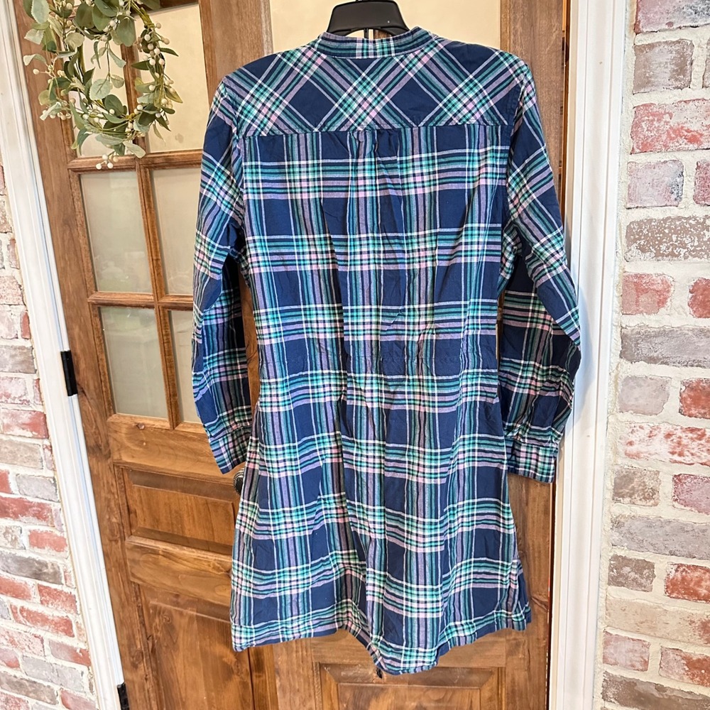 Lands' End Shirt Dress Women 14P Blue Green Plaid Cotton Drawstring Waist Pocket - Picture 9 of 11